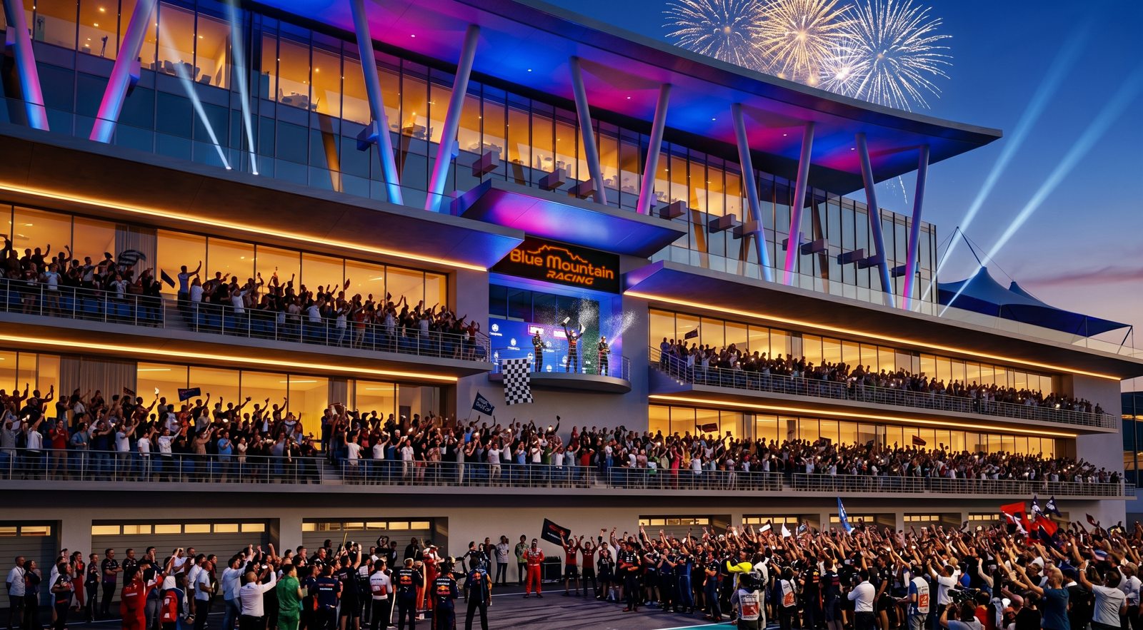 Pit and conference building at night. Artist’s impression.