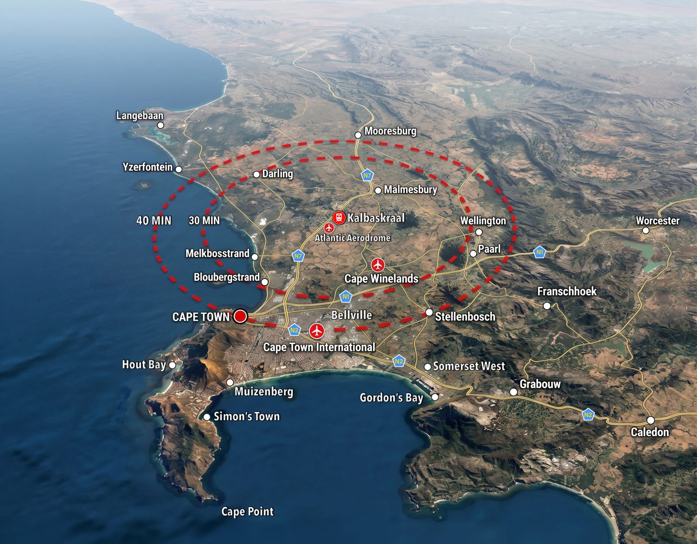 Location map showing the proposed site relative to Cape Town, the N7, rail, and airports
